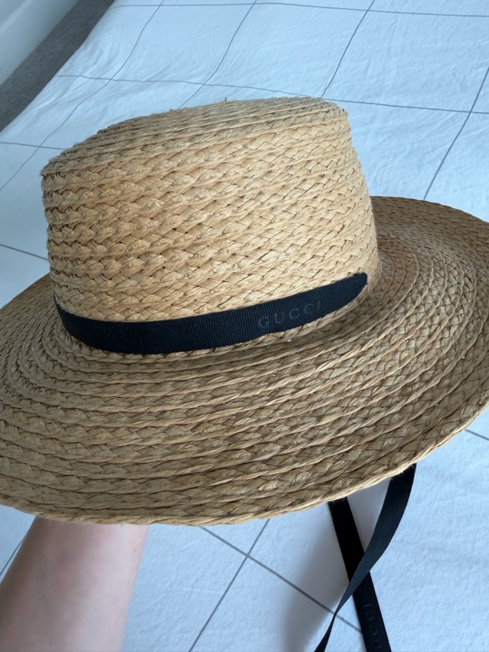 Natural Medium Straw Hat with Black Gucci Ribbon